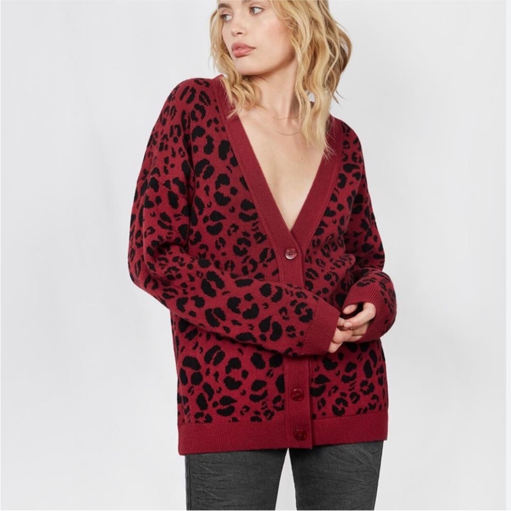 Anine Bing Leopard Print Deep Red Cardigan Sweater